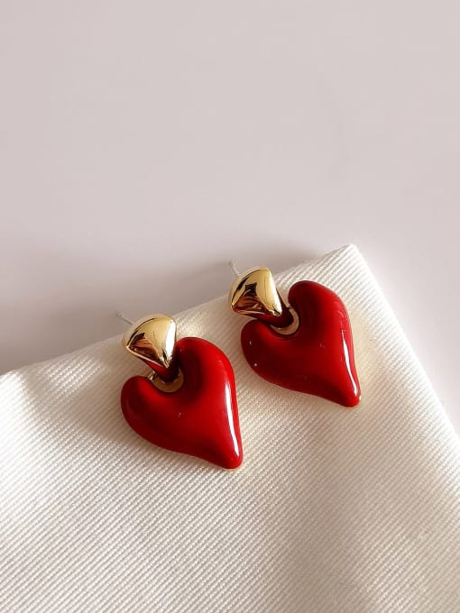 14k Gold Red [Earrings] Brass Enamel Heart Minimalist Stud Earring